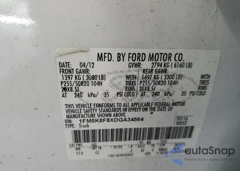 2013 Ford Explorer Limited from USA, damaged, VIN 1FM5K8F8XDGA34564